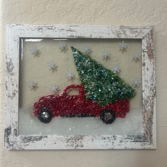 Red Truck with Christmas Tree Crushed Glass Resin Art Frame. NWOT - Picture 1 of 7